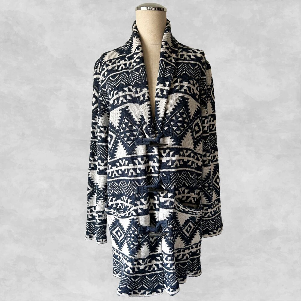 Chaps Southwest Cardigan Sweater Women's L Navy Blue Ivory Shawl Collar Toggle